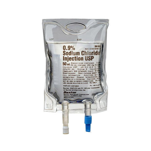 A 50 mL intravenous bag of 0.9% Sodium Chloride Injection USP hangs, ready for administration. The bag is labeled with dosage and manufacturer information.