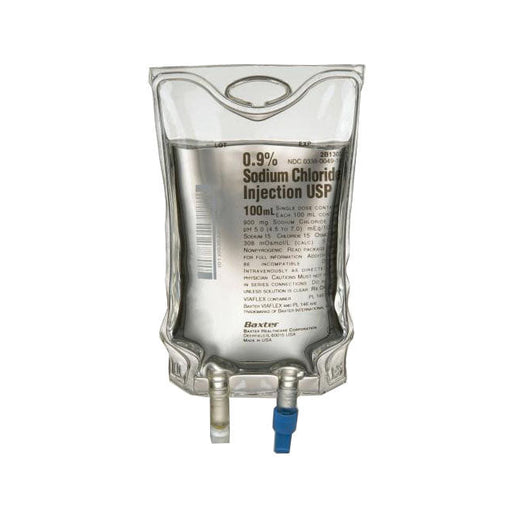 A 100mL intravenous bag of 0.9% Sodium Chloride Injection USP is hanging. It contains warnings and usage instructions. The bag is clear plastic with attached tubing.