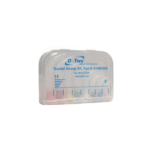 A clear plastic case containing a Guedel Airway Kit with color-coded airway tubes of varying sizes is shown. The kit, part # 01AM3000, is manufactured by O*Two Medical Technologies Inc.