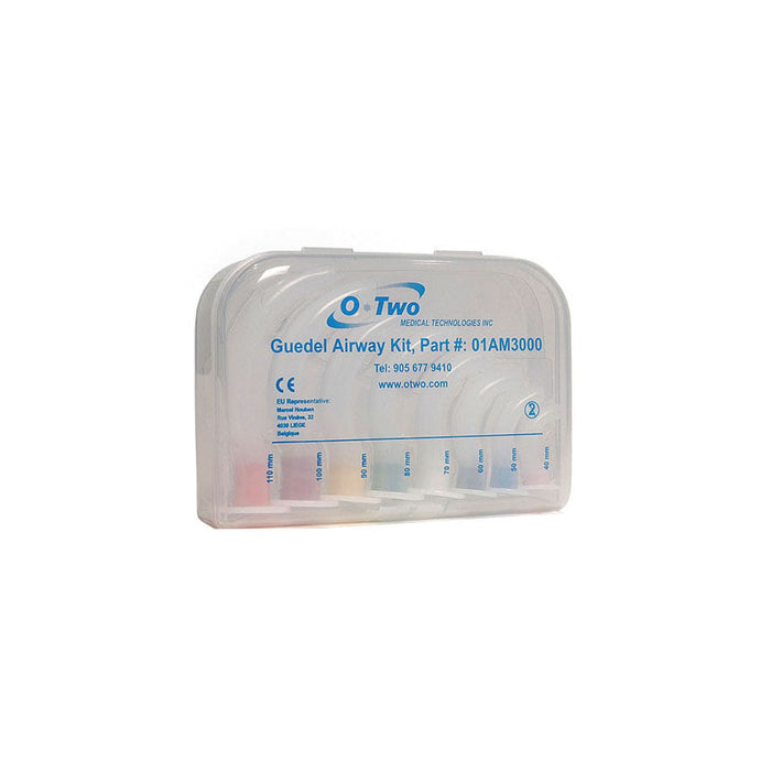 A clear plastic case containing a Guedel Airway Kit with color-coded airway tubes of varying sizes is shown. The kit, part # 01AM3000, is manufactured by O*Two Medical Technologies Inc.