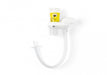 A medical device, consisting of a small, yellow-labeled cartridge attached to a clear tube, sits on a white background. The tube is curved into a U-shape. A small filter is visible.
