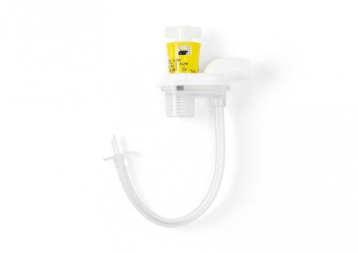 A medical device, consisting of a small, yellow-labeled cartridge attached to a clear tube, sits on a white background. The tube is curved into a U-shape. A small filter is visible.