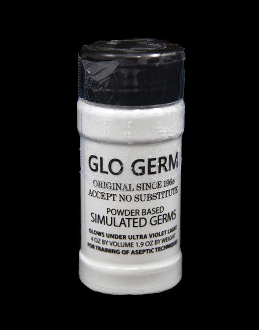 A white powder container sits against a black background. The container is labeled "GLO GERM," "Original Since 1968," "Accept No Substitute," "Powder Based Simulated Germs," and indicates it glows under UV light and is for aseptic technique training.