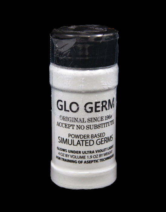 A white powder container sits against a black background. The container is labeled "GLO GERM," "Original Since 1968," "Accept No Substitute," "Powder Based Simulated Germs," and indicates it glows under UV light and is for aseptic technique training.