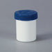 A white jar with a blue lid sits on a gray surface.