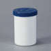 A white cylindrical jar with a dark-blue lid sits on a plain gray background.