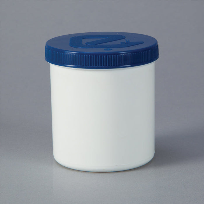 A cylindrical, white jar with a blue lid sits on a plain gray background. The jar appears to be closed.