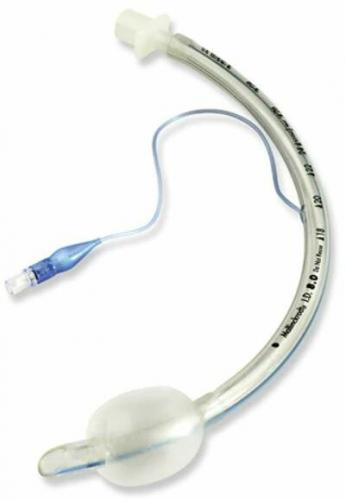A curved, transparent medical tube with a bulbous end and attached wire rests on a plain background. The tube appears to be for airway management.