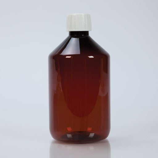 A dark-brown plastic bottle sits on a plain white surface. It has a white cap.