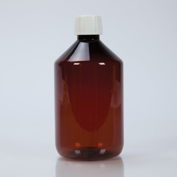A dark-brown plastic bottle sits on a plain white surface. It has a white cap.