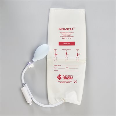 A disposable pressure infusion system with a bulb inflates a bag; it sits on a plain surface. INFU-STAT™ Disposable Pressure Infusion Manometer & Pressure Infusor Druckinfusionsmanometer 1000 ml.