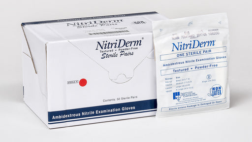 A box of NitriDerm ambidextrous nitrile examination gloves sits beside a single, sterile pair; both are textured, powder-free, and clearly labeled with size and reorder information.