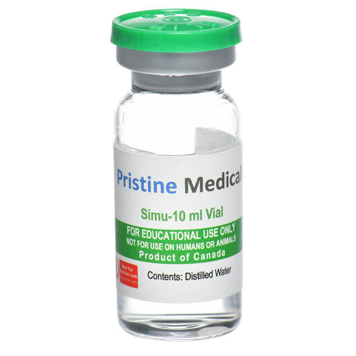 A 10ml glass vial, containing distilled water, sits on a surface. The vial is labeled "Pristine Medical Simu-10 ml Vial," "FOR EDUCATIONAL USE ONLY, NOT FOR USE ON HUMANS OR ANIMALS," and "Product of Canada."