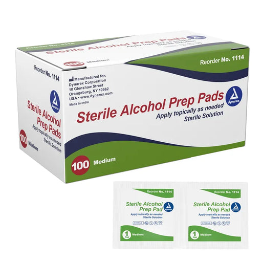 A box of 100 medium sterile alcohol prep pads sits next to two individual pads; all are ready for topical application as needed. Manufactured by Dynarex Corporation.