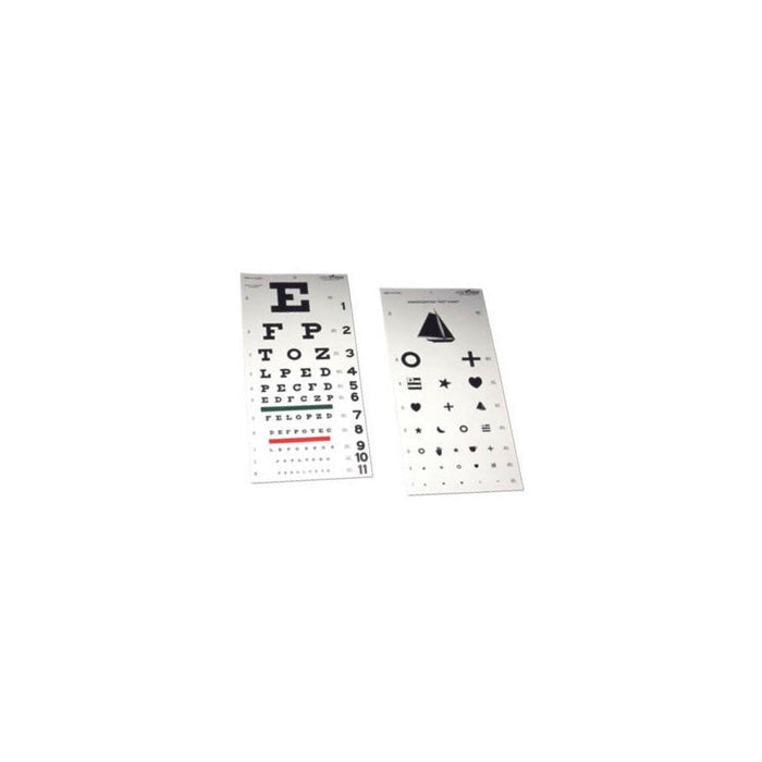 Two eye charts display letters and symbols; they are used for vision testing; the charts are lying on a white surface.