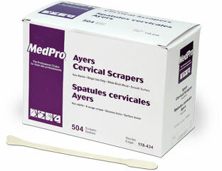 A cardboard box containing 504 Ayers Cervical Scrapers sits on a surface, next to a single wooden spatula. The box is labeled "Ayers Cervical Scrapers" and "Spatules cervicales Ayers," indicating its contents. Product number 118-434 is also visible.