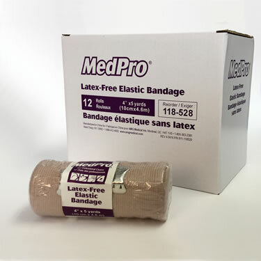 A beige latex-free elastic bandage rests on a surface in front of its cardboard box. The box contains twelve 4" x 5 yard rolls and displays the product name and reorder number 118-528.