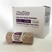 A beige latex-free elastic bandage rests on a surface in front of its cardboard box. The box contains twelve 4" x 5 yard rolls and displays the product name and reorder number 118-528.
