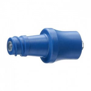 A blue plastic connector sits angled against a white background. It tapers from a wider end to a narrower, threaded end.