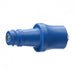 A blue plastic connector sits angled against a white background. It tapers from a wider end to a narrower, threaded end.
