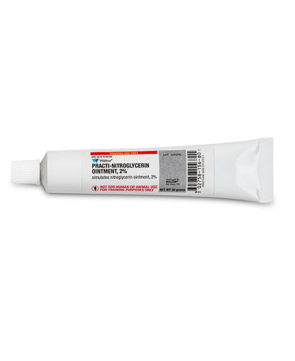 A white tube of Practi-Nitroglycerin Ointment, 2%, simulates nitroglycerin ointment; it is for training purposes only.