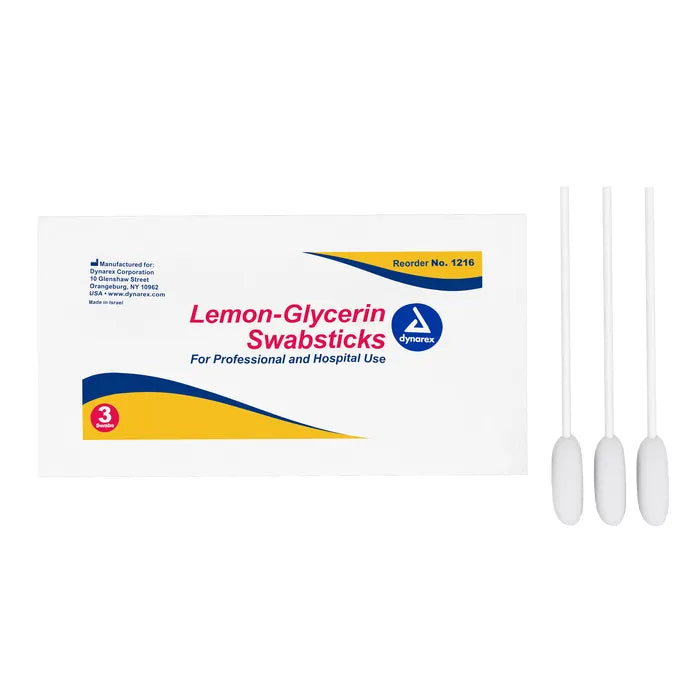 Three lemon-glycerin swabsticks are packaged together, ready for professional or hospital use.
