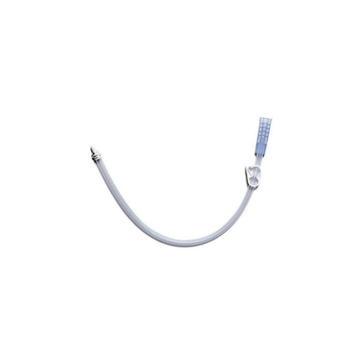 A curved, clear tube with connectors extends on a white background. It is a medical device.
