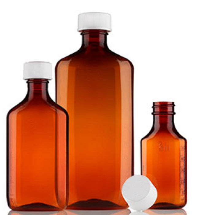 Three amber plastic bottles, of varying sizes, sit on a white background. The bottles are likely for medicine.