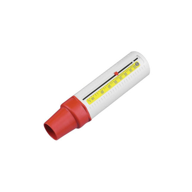 A peak flow meter rests on a white background. It displays a measurement scale. The device is primarily white with a red mouthpiece.