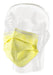 A pale yellow surgical mask rests on a clear plastic mannequin head.