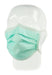 A light-green pleated surgical mask is worn on a transparent mannequin head, against a white background.