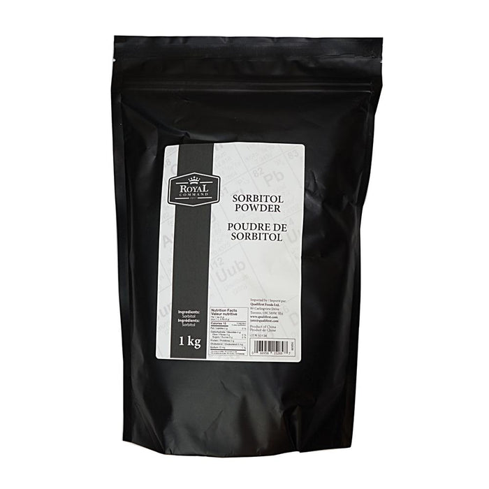 A black bag of sorbitol powder sits on a white background. The bag displays the product name, "Sorbitol Powder" and "Poudre de Sorbitol," along with nutritional information and weight: 1 kg.