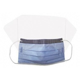 A light-blue disposable face mask sits atop a clear plastic face shield, both displayed against a plain white background.