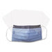 A light-blue disposable face mask sits atop a clear plastic face shield, both displayed against a plain white background.