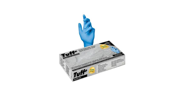 A blue nitrile glove emerges from a box of Tuff brand gloves, displayed against a white background.