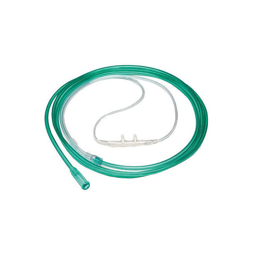 A green oxygen tubing set, coiled, with a nasal cannula, lies on a white background.
