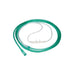 A green oxygen tubing set, coiled, with a nasal cannula, lies on a white background.