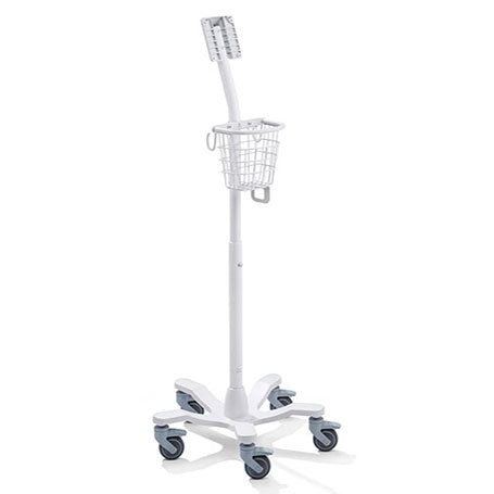 A white, wheeled medical stand supports a pole with a small tray and possibly a light, situated in a simple, clean environment.