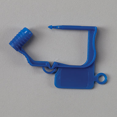 A small, blue plastic device, possibly a fastener or clamp, rests on a plain, light gray background. It features a roller and a hinged section.