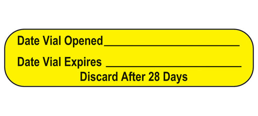 A yellow label prompts recording the date a vial is opened and its expiration date; discard after 28 days.