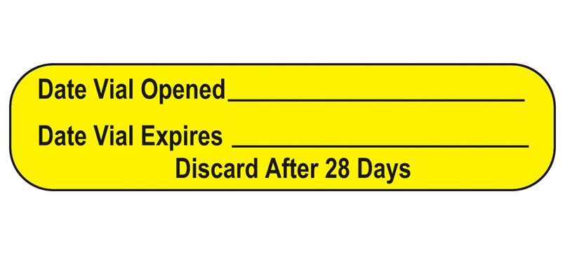 A yellow label prompts recording the date a vial is opened and its expiration date; discard after 28 days.