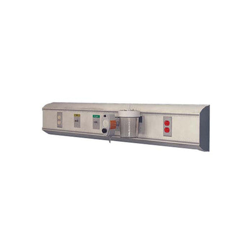 A hospital headwall unit is mounted on a wall. It contains electrical outlets, medical gas outlets, and a receptacle.