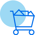 A blue shopping cart is positioned in front of a large, light-blue circle.