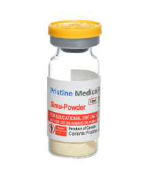 A small, clear vial containing a pale yellow powder sits upright. The label reads "Pristine Medical Simu-Powder 1ml," "FOR EDUCATIONAL USE ONLY," "NOT FOR USE ON HUMANS OR ANIMALS," "Product of Canada," and "Contents: Fructose."
