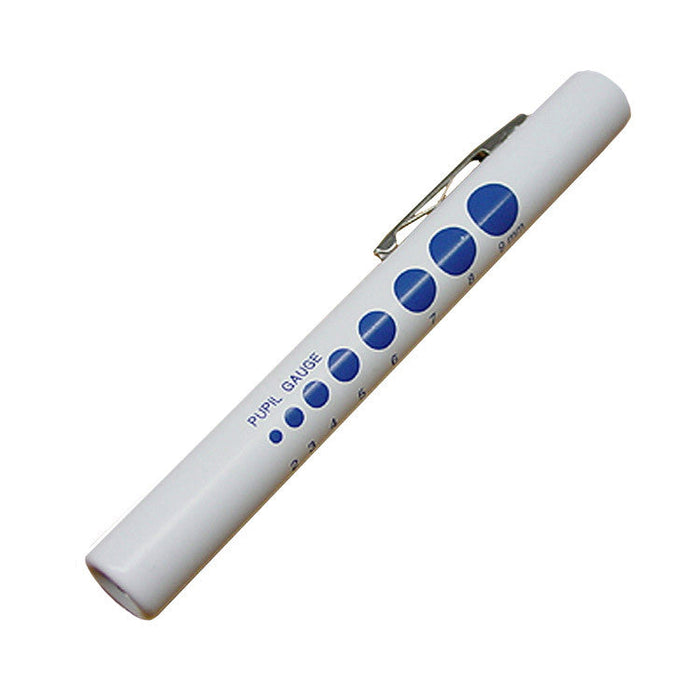 A white pen-shaped pupil gauge rests on a white background; it features a scale of blue circles indicating pupil size in millimeters.