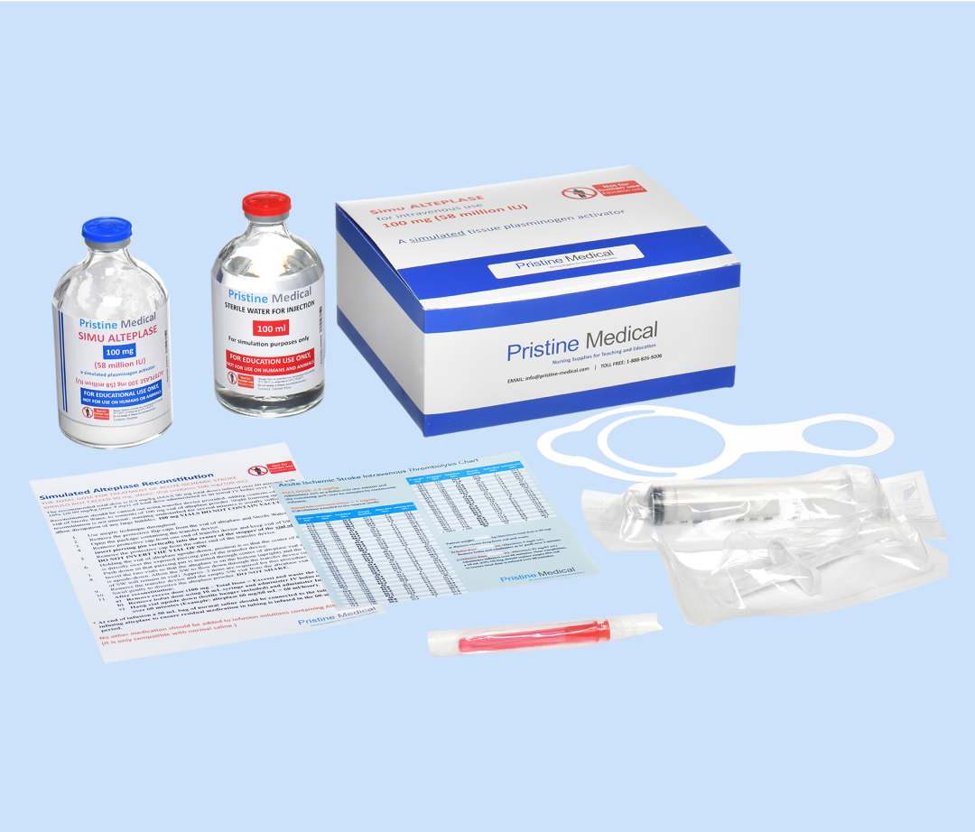 A simulated alteplase kit for intravenous thrombolysis training is displayed. It includes vials, syringe, and instructions. The kit is packaged for educational purposes.