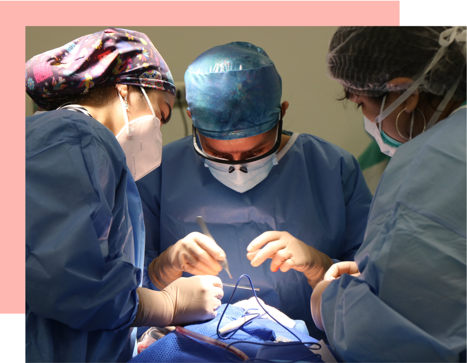 Three surgeons, wearing scrubs and surgical masks, perform a procedure. They use surgical instruments on a patient draped in blue. The operating room is brightly lit.