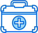 A blue first-aid kit sits on a black background; a white plus sign is centered on its face.