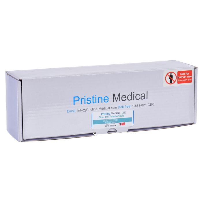 A Pristine Medical box containing Simu 1ml Tinted Ampules sits on an unseen surface. The box is white with blue text and labels indicating that it is for educational use only.