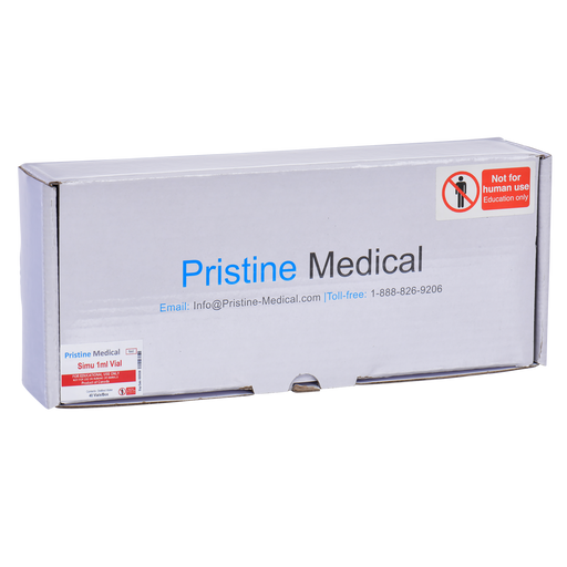 A Pristine Medical box sits on a surface. It contains a Simu 1ml vial for educational use only. The box is white with company contact information and warnings against human use.